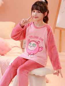 Flannel Girl Pajamas Kids Egg Puff Party Autumn and Winter Childrens Little Girl Coral Fleece Homewear Suit