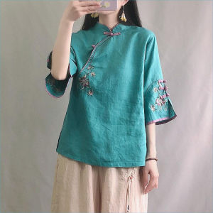 Retro Cotton Linen Shirt Chinese Style Stand Collar Color Block Button mid Sleeve Embroidered Tea Costume Spring Summer Womens Wear