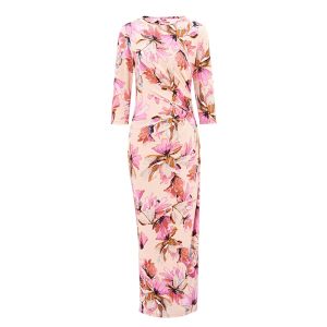 MY TENO | Elegant Pink Floral Print Slim Fit Round Neck Dress French Style Womens Fashionable Waist Cinched Midi Skirt Business Casual Party Daily