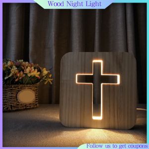 Desktop 3D Wooden Cross USB LED Night Light Table Lamp Home Decoration Gift