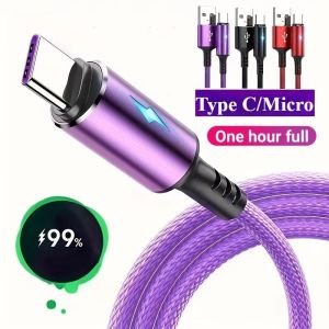 สายชาร์จเร็ว 5A สำหรับ Android Micro USB ชาร์จเร็ว Type C พร้อมไฟ LED ชาร์จถ่ายโอนข้อมูล USB สายเคเบิลโทรศัพท์มือถือ