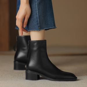 Black Leather Short Boots Square Head Thick Heel Rear Zipper Naked Boot Retro Style Womens Footwear Sporty Outdoor Accessories