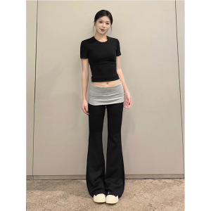 กางเกงวอร์มทรงหลวมขาบานสีดำเข้ารูปสำหรับผู้หญิง กางเกงขายาวทรงสลิมฟิต กางเกงขายาวลำลองสำหรับผู้หญิง สไตล์ทำงาน