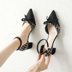 Dadongge Giày Một Lớp QUAI NGANG NƠ Bướm Kim Cương Rỗng Gót Vuông Miệng Nông Mùa Hè Mẫu Mới Năm 2024 Xăng Đan Tiên Nữ