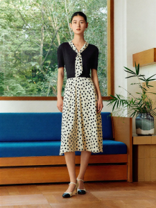 YINER | Summer French Vintage Contrast Dotted Sateen Fitted Dress