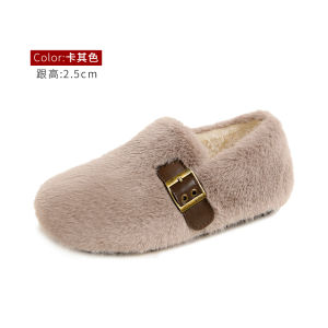 Marta Womens Winter Fur Slippers Soft Bottom Fleece Lined Bean Bean Shoes Large Size Slip-On Loafers Korean Style Flat Heel