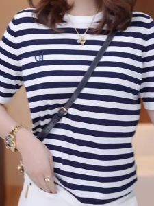 HUAXUNRAN | Striped Regular Shoulder Short Sleeve Loose T-shirt for Women