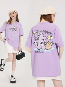 เสื้อยืดคอกลมแขนสั้นผ้าฝ้ายลายการ์ตูนสีม่วงสำหรับผู้หญิง ทรงหลวม สไตล์สตรีท แฟชั่นฤดูร้อน 2025 เสื้อผ้าทำงาน