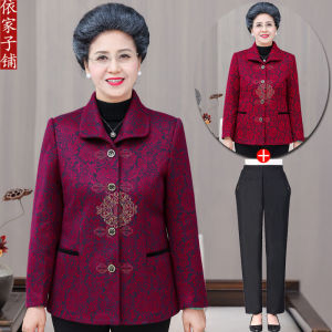 Autumn Winter Fleece Lined Jacket And Pants Set for Women over 60 Years Old Ethnic Style Loose Fit Embroidered Long Sleeve