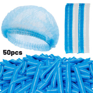 50pcs Disposable Non-woven Fabric Head Cover Elastic Fluffy Hair Cap Kitchen Cooking Work Hat