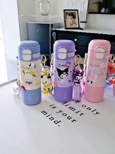 Botol Air Panas Comel 🎀 Stainless Steel Vacuum Insulated Water Bottle with Straw Strap for School Travel Hot Cold