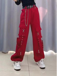 Red High Waist Straight Leg Workwear Pants Womens 2024 New Style Casual Sports Pants American Retro Step Dance Slimming Wide Leg