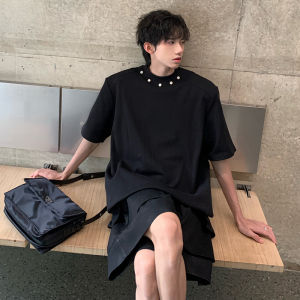 Heavyweight Mens T-Shirt Short Sleeve Shoulder Pad Design American High Street Style round Neck Five Sleeve Loose Fit Summer Fashion