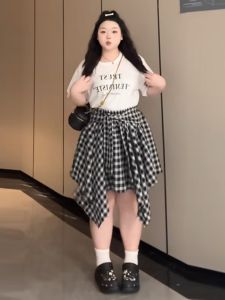 High-Waist Plaid Asymmetrical Skirt for Women Plus Size Design Slimming Patchwork Half Dress Ideal for Summer and Birthday Parties