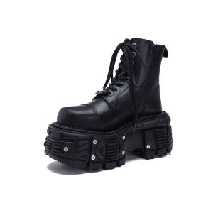 Punk Style Martin Boots Womens Summer Fashion Retro Motorcycle Boots round Toe High Heel Rubber Sole Ultrafine Fiber Material