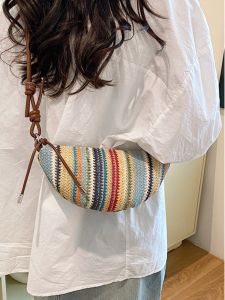 Fashionable Rainbow Color Block Woven Bag Womens Crossbody Dumpling Bag Small Size Casual Style Single Shoulder Bag