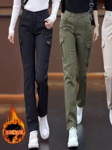 Thickened Fleece Work Trousers Womens High Waist Straight Leg Casual Pants Autumn Winter Fashion Slimming Military Green