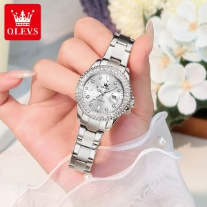 OLEVS นาฬิกาข้อมือผู้หญิงประดับคริสตัลตัวเรือนกำไลหน้าปัดนาฬิกาควอตซ์เพชรแท้จากสแตนเลสของ
