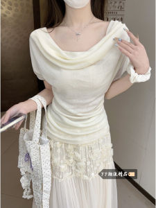 Áo Thun Vai Một Bên Vai Phong Cách Hàn Quốc Mùa Đông Mỏng Mềm Mại Ôm Vừa Vặn Thanh Lịch Tay Ngắn Cổ Chữ V Áo Len Dệt Kim