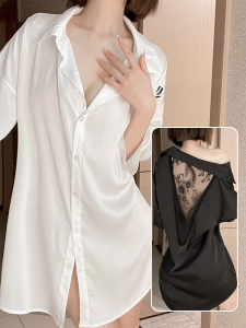 ชุดนอนเซ็กซี่ผ้าไหมน้ำแข็งแขนยาวหลวมๆ สำหรับผู้หญิง ชุดนอนฤดูร้อน เสื้อคลุมคาร์ดิแกนบางๆ ชุดอยู่บ้าน ผ้าฝ้ายผสมคอตตอน