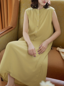 100% Pure Linen Summer Dress Washed Texture Stand Collar Casual Breathable Simple Yellow Vest Sleeveless Dress Womens Fashion