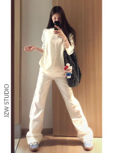 White High Waist Straight Leg Jeans Womens Loose Slimming Drapey Wide Leg Floor-Length Pants Autumn New Style American Style