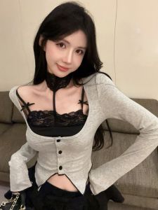 GUZILIAN | Pure Desire Spicy Girl Lace Patchwork Design Irregular Long Sleeve T-Shirt Slim High Waist Butterfly Knot Puffy Skirt Set