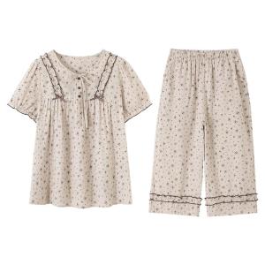 Miiow | Cat Woman Summer Sleepwear Thin Short Sleeve Floral Print Seven-Piece Pants Cotton Home Clothes Set For Young Women Casual