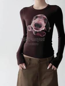 MUYUZI | Autumn Korean Style Dog Print Round Neck Lazy All-match Slim Long Sleeve T-shirt