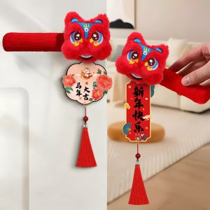 New Year Lion Dance Pattern Door Handle Cover 2026 Spring Festival Door Rear Anti-Collision Cover Winter Metal Handle Warmer Gloves Cute Doors Knob Protective Sleeve for Home Office Door Handle