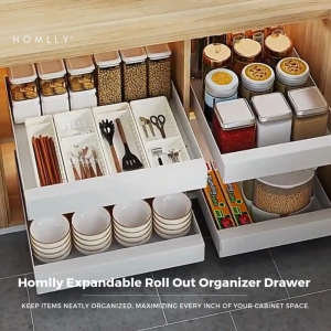 Homlly Expandable Roll Out Organizer Drawer for Kitchen Cabinet Pantry or Bathroom Storage (Width 32-68 cm)