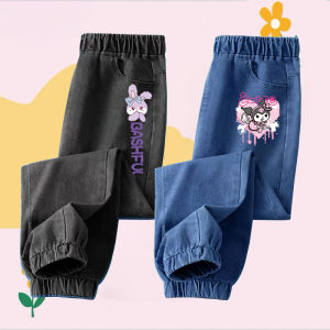 กางเกงยีนส์เด็กผู้หญิง ทรงหลวมสบายๆ ฤดูใบไม้ผลิและฤดูใบไม้ร่วง กางเกงขายาวสำหรับเด็กผู้หญิง ทรงลำลอง เอวยางยืด