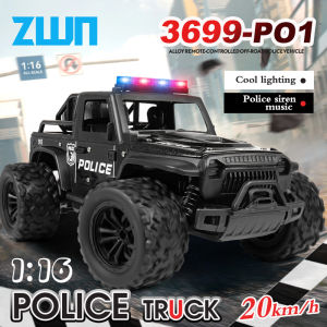 ZWN 1:16 Alloy High Speed Off-Road Police Truck RC Car with Music Sound and LED Lights Outdoor Toy 2.4G Remote Control Cars