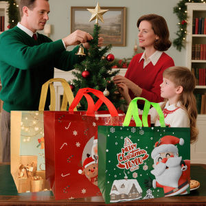 6Pcs Christmas Waterproof Gift Bags Non Woven Tote Bags with Handles for Party Favor Packaging Takeaway Food Bag Reusable Shopping Bag