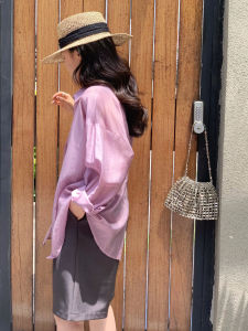 เสื้อเชิ้ตแขนยาวผ้าไหมฤดูร้อนสำหรับผู้หญิง สีพีช ทรงหลวม สีพื้น เสื้อคาร์ดิแกนบาง เสื้อเชิ้ตคอกลม ทรงหลวม สไตล์ใหม่