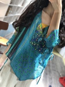 Summer Artistic Vintage Print Loose Casual Thin Breathable Linen V-neck Belted Shirt Original Design Seven-quarter Sleeve