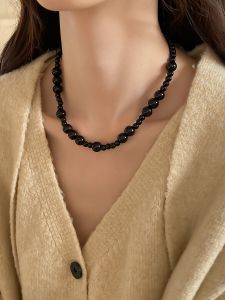 Retro Fashionable Black Agate Gradient Beaded Necklace Sweater Clasp Womens Jewelry Elegant Simple Design round Beads Chain