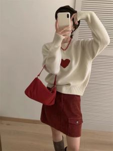 French Style Thickened Fleece Knitted Heart Sweater Womens Autumn Winter round Neck Warm Thermal Long Sleeve Top