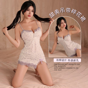 纯欲少女睡衣紫色蕾丝碎花舒适吊带超短包臀紧身连衣睡裙内衣