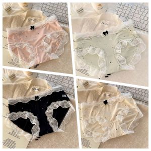 French Vintage Style Womens Ice Silk Underwear Lace Trim Seamless Retro Print mid Waist Cotton Crotch Polka Dot Briefs