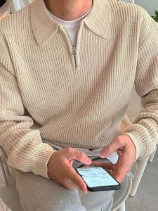 Casual Knitted Polo Shirt for Men Woolen Half Zipper Design Turn-down Collar Sweatshirt Leisure Commuting Trendy Long Sleeve Youth