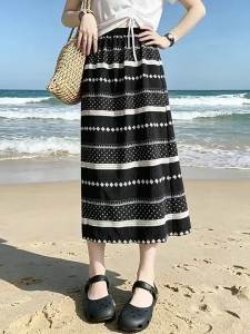Polka Dot Stripe High Waisted Slimming A-Line Mid-Length Skirt