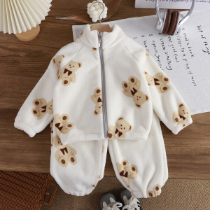 Autumn Winter Kids Thick Fleece Pajama Sets Korean Cartoon Toddler Girls Fashion Plush Warm Outfits 1-4Y Boys Home Wear Suit