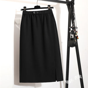Gray Casual Midi Skirt Elastic Waist Split High Waist Elastic Straight Leg Long Skirt Womens Autumn Spring Fashion Commute Style