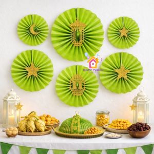 1 set isi 6 PAPERFAN RAMADHAN kipas hijau dekorasi ramadan idul fitri eid mubarak lebaran puasa aksesoris hiasan tempel gantung atap dinding green gold emas murah kertas hias sekolah anak kantor masjid bulan bintang