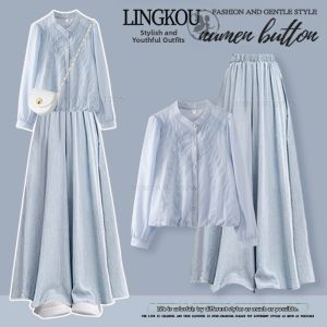 NUMEN BUTTON | Lace Splicing Stand Collar Shirt and High Waist Loose Pants Women Set