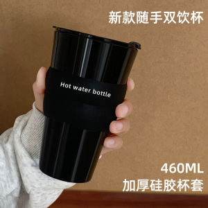 High Temperature Resistant Glass Cup for Home Use Womens Version with Lid Straw Cup Creative Design Black round Shape 460ml