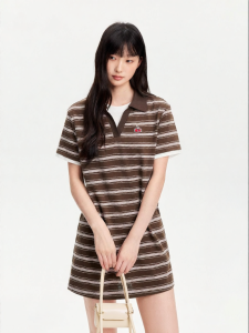 Feminine Korean Style Pseudo Two-Piece Striped Dress