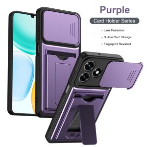 Slide Camera Cover Phone Case w/ Card Holder Invisible Stand For Honor Magic 600 Lite X60d X70 X9d 7 X9c X8b X8c X6c X5c Plus