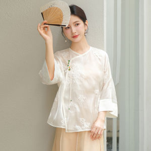 New Chinese Style Machine Embroidery Loose Slim Looking Daily Wearable Improved Hanfu Tops Fairy Zen Tea Gown Female Summer